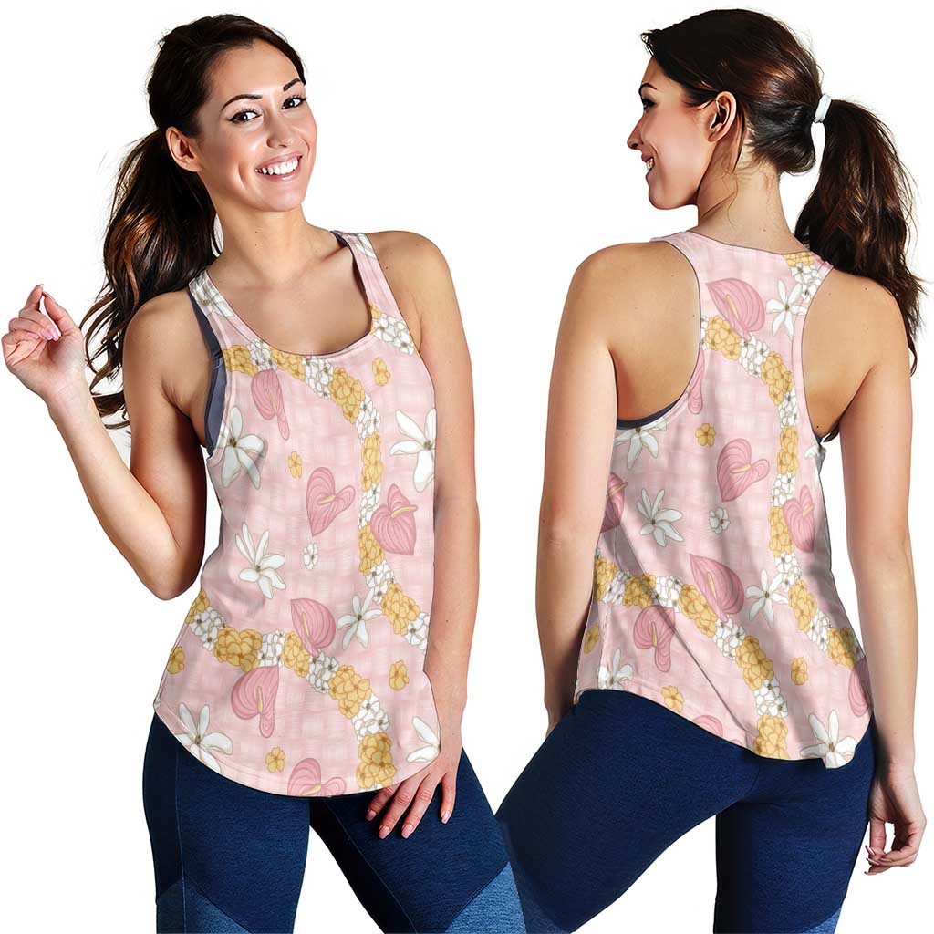 Hawaii Anthurium Tiare Pikake Lei Women Racerback Tank Akala Lauhala Art Pattern