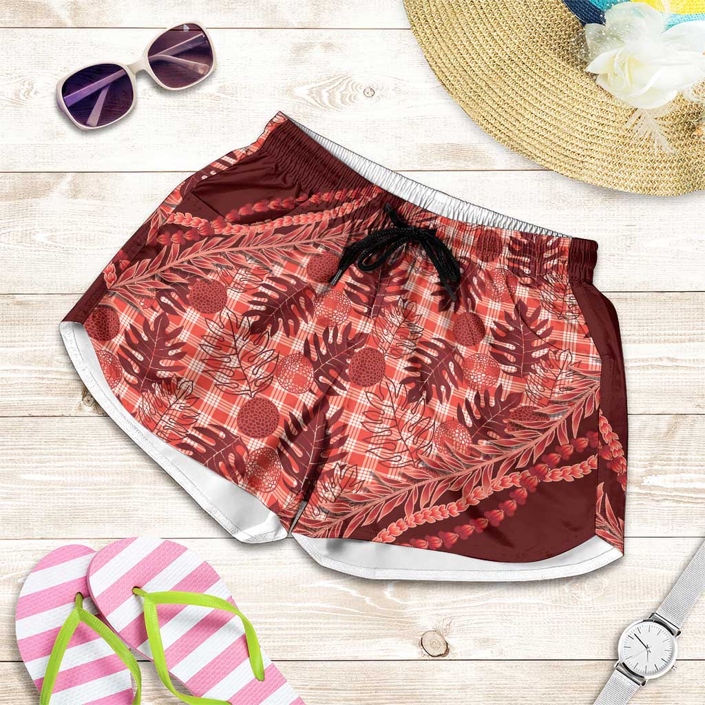 Hawaii Breadfruit Palaka Shorts for Women Ulaula Maile Lei - Polynesian Pride