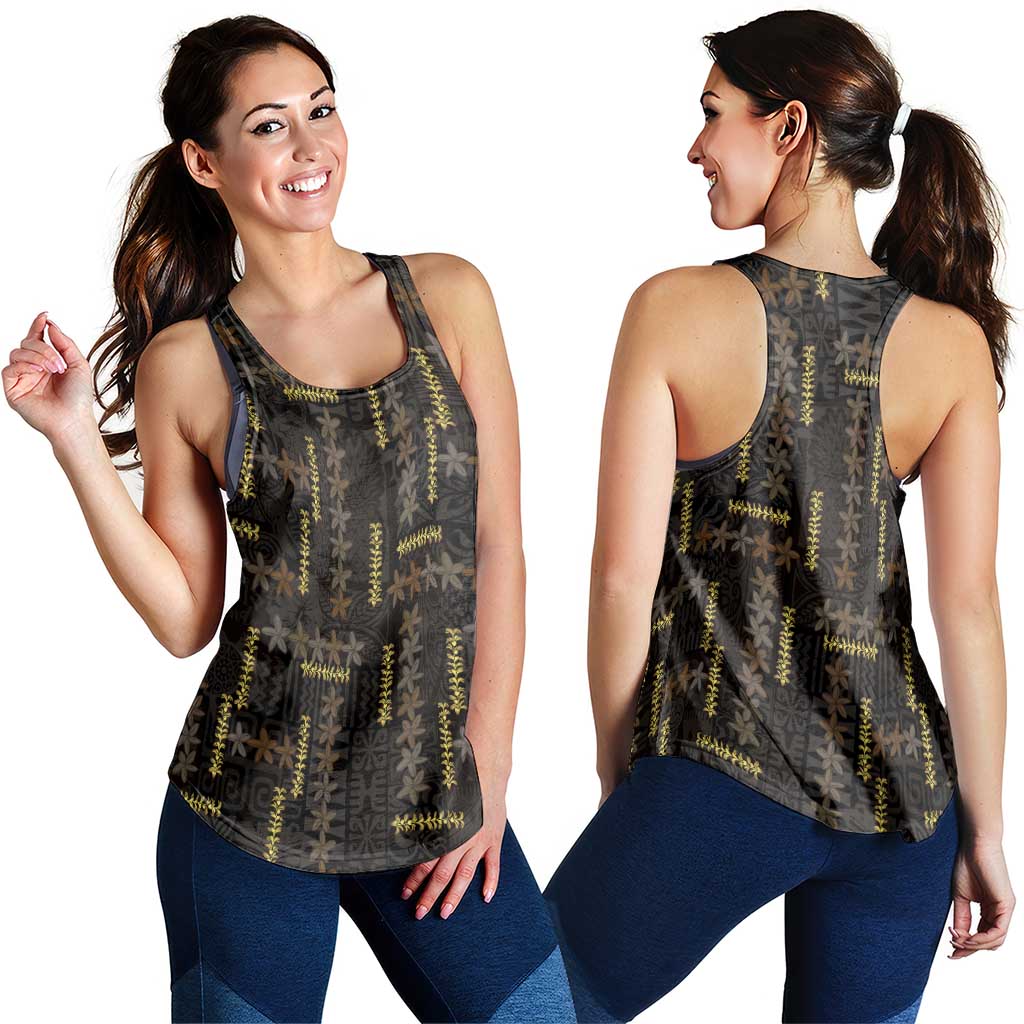 Hawaii Brown Plumeria Lei Black Women Racerback Tank Frangipani Floral Heritage Art