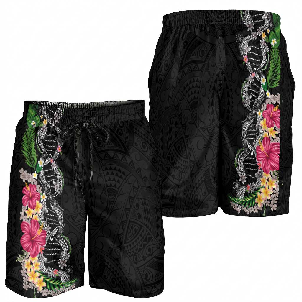Hawaii DNA Kakau Tattoo Shorts for Men with Plumeria and Hibiscus Tropical Plants Black Color