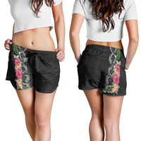 Hawaii DNA Kakau Tattoo Shorts for Women with Plumeria and Hibiscus Tropical Plants Black Color