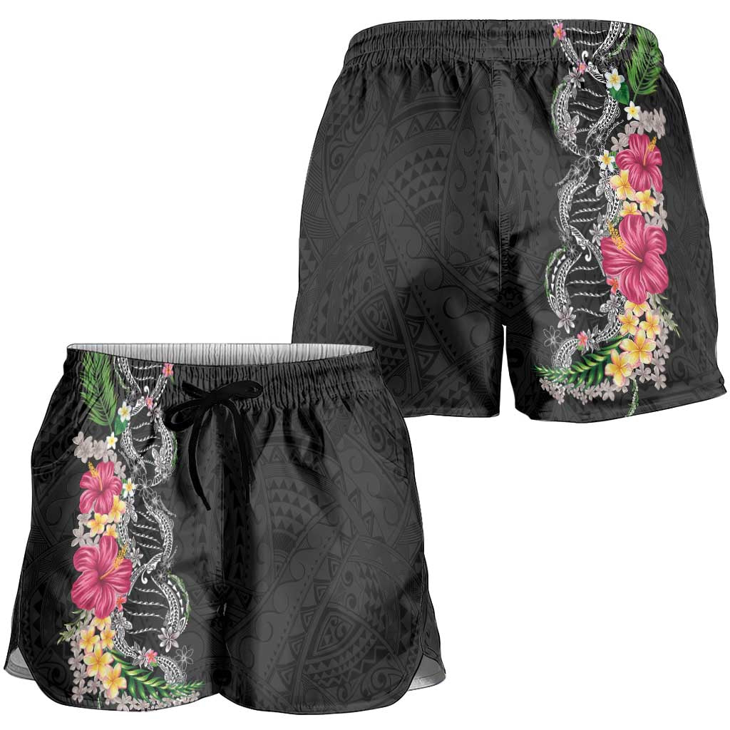 Hawaii DNA Kakau Tattoo Shorts for Women with Plumeria and Hibiscus Tropical Plants Black Color