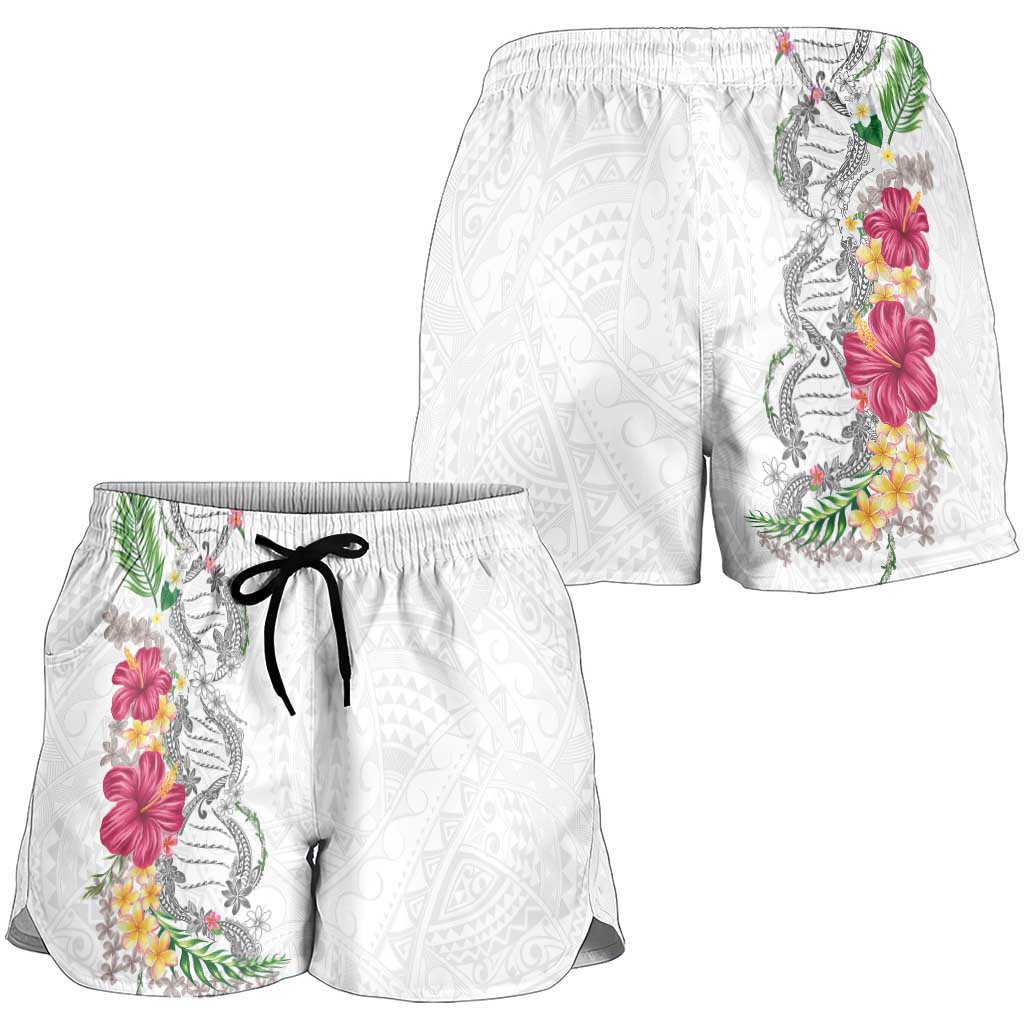 Hawaii DNA Kakau Tattoo Shorts for Women with Plumeria and Hibiscus Tropical Plants White Color