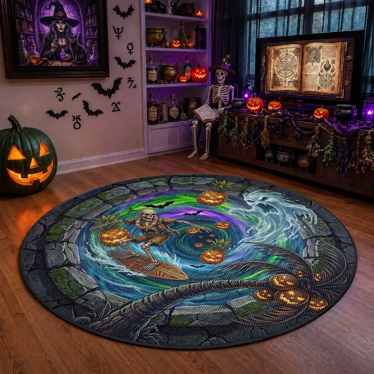 Hawaii Ghost Surfing Skull 3D Illusion Halloween Round Carpet
