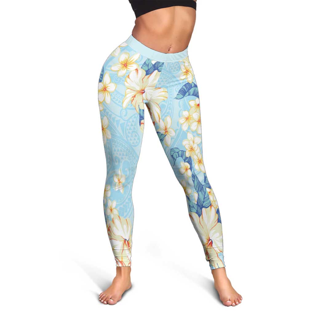 Hawaii Hibiscus Plumeria Blue Leggings Polynesian Pattern
