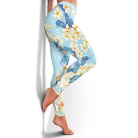Hawaii Hibiscus Plumeria Blue Leggings Polynesian Pattern