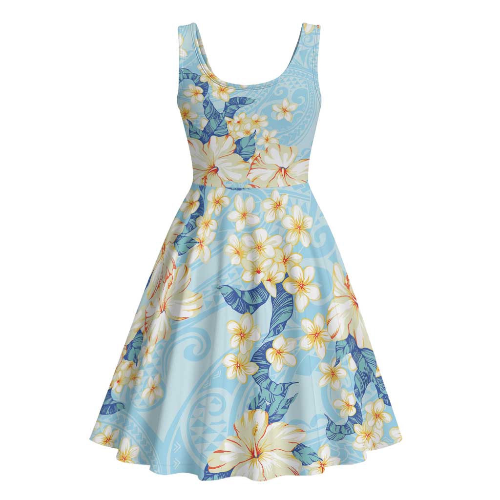 Hawaii Hibiscus Plumeria Blue Midi Dress Polynesian Pattern