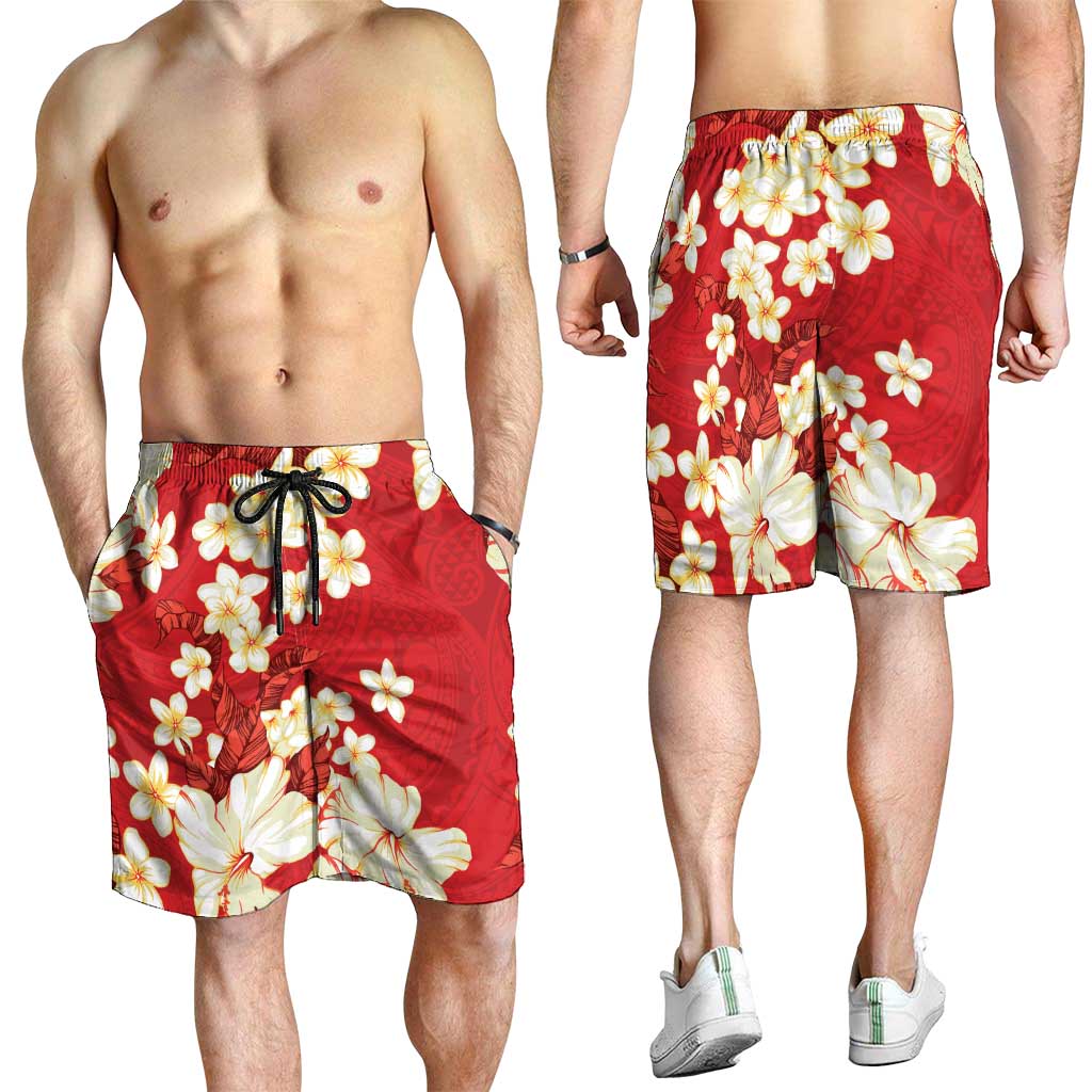 Hawaii Hibiscus Plumeria Red Shorts for Men Polynesian Pattern