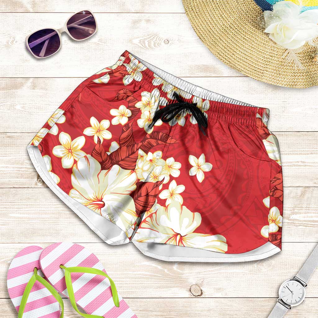 Hawaii Hibiscus Plumeria Red Shorts for Women Polynesian Pattern