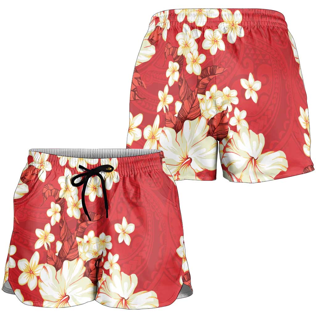 Hawaii Hibiscus Plumeria Red Shorts for Women Polynesian Pattern