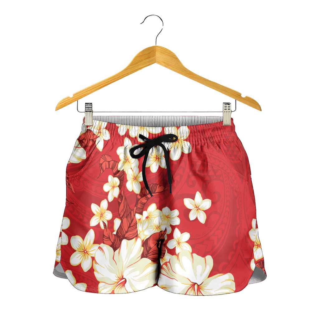 Hawaii Hibiscus Plumeria Red Shorts for Women Polynesian Pattern