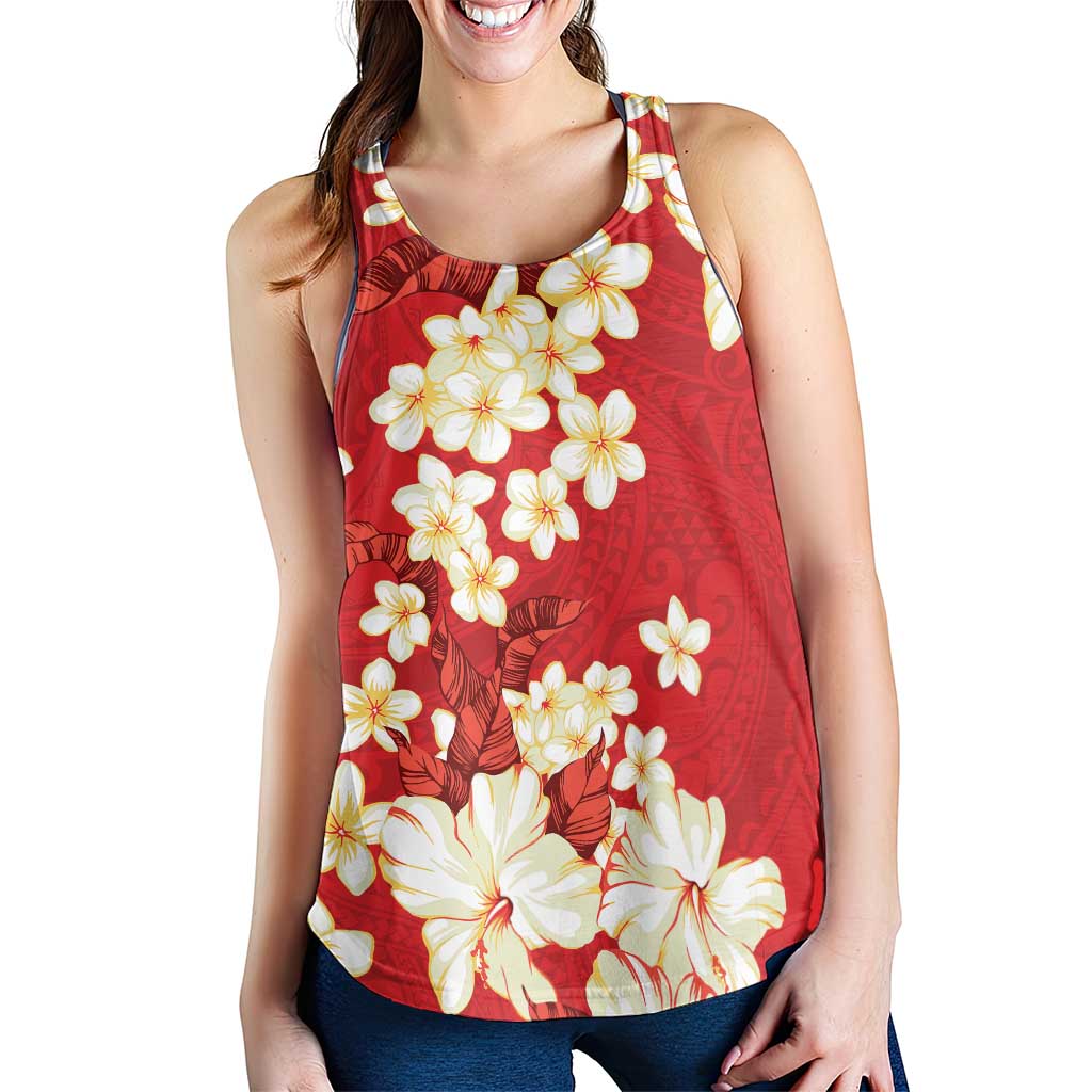Hawaii Hibiscus Plumeria Red Women Racerback Tank Polynesian Pattern