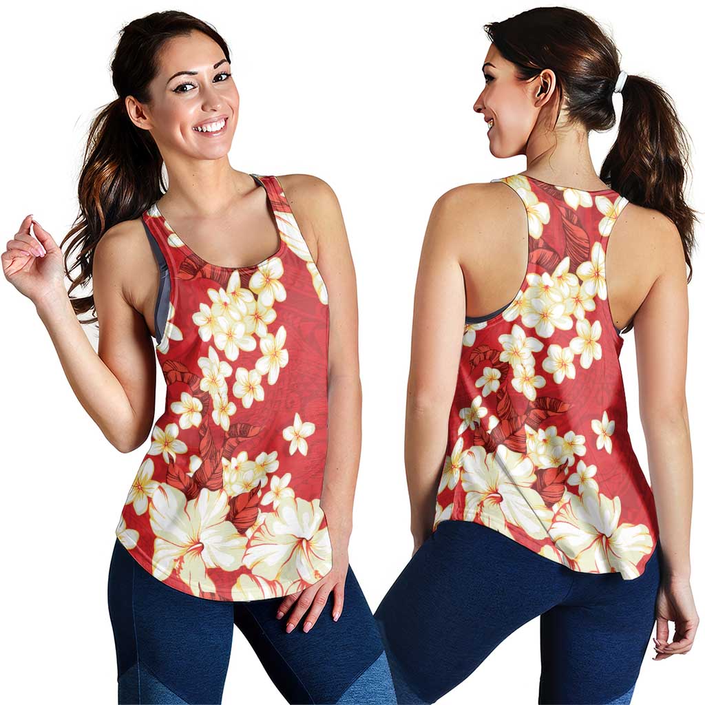 Hawaii Hibiscus Plumeria Red Women Racerback Tank Polynesian Pattern