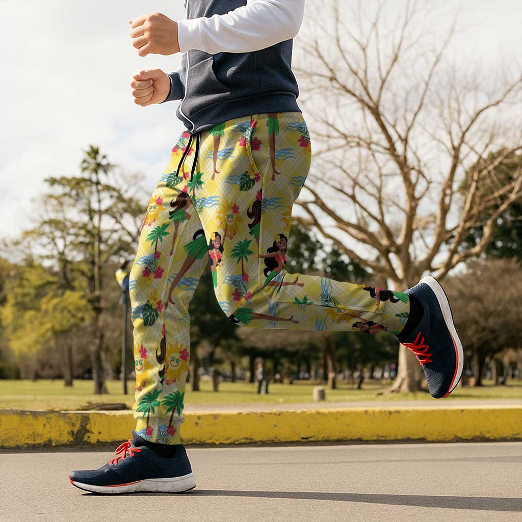 Hawaii Hula Girl Tropical Jogger Pants Yellow Palaka