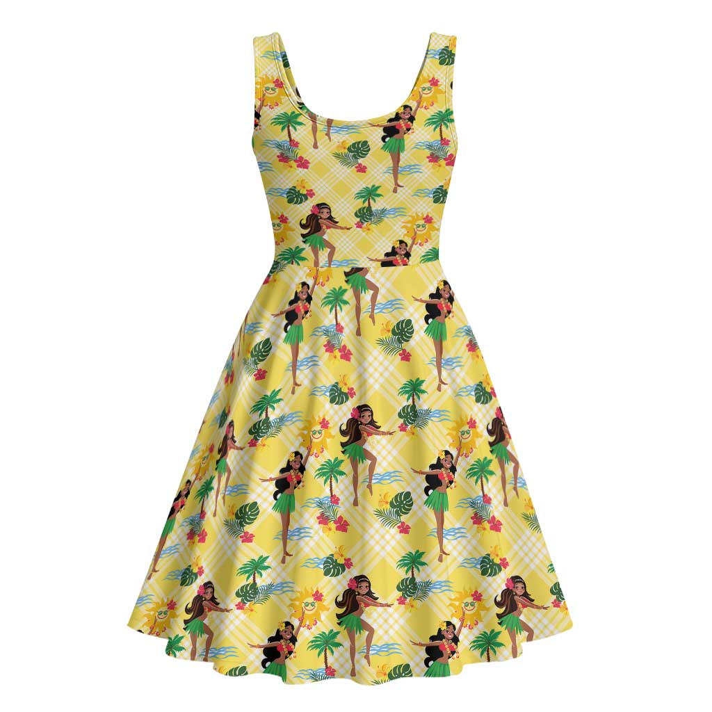 Hawaii Hula Girl Tropical Midi Dress Yellow Palaka