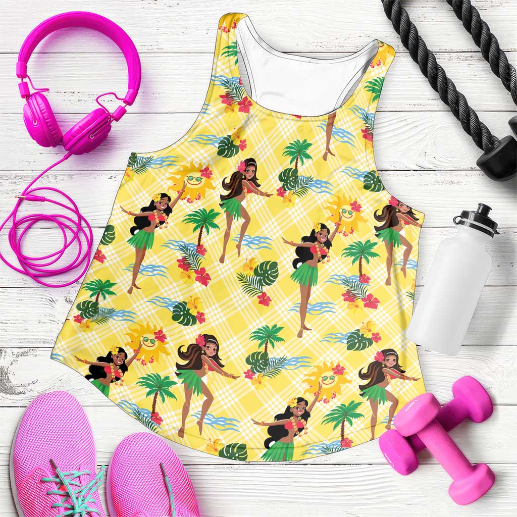 Hawaii Hula Girl Tropical Women Racerback Tank Yellow Palaka