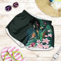 Hawaii Hummingbird Tropical Flowers Shorts for Women Dark Green
