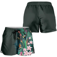 Hawaii Hummingbird Tropical Flowers Shorts for Women Dark Green