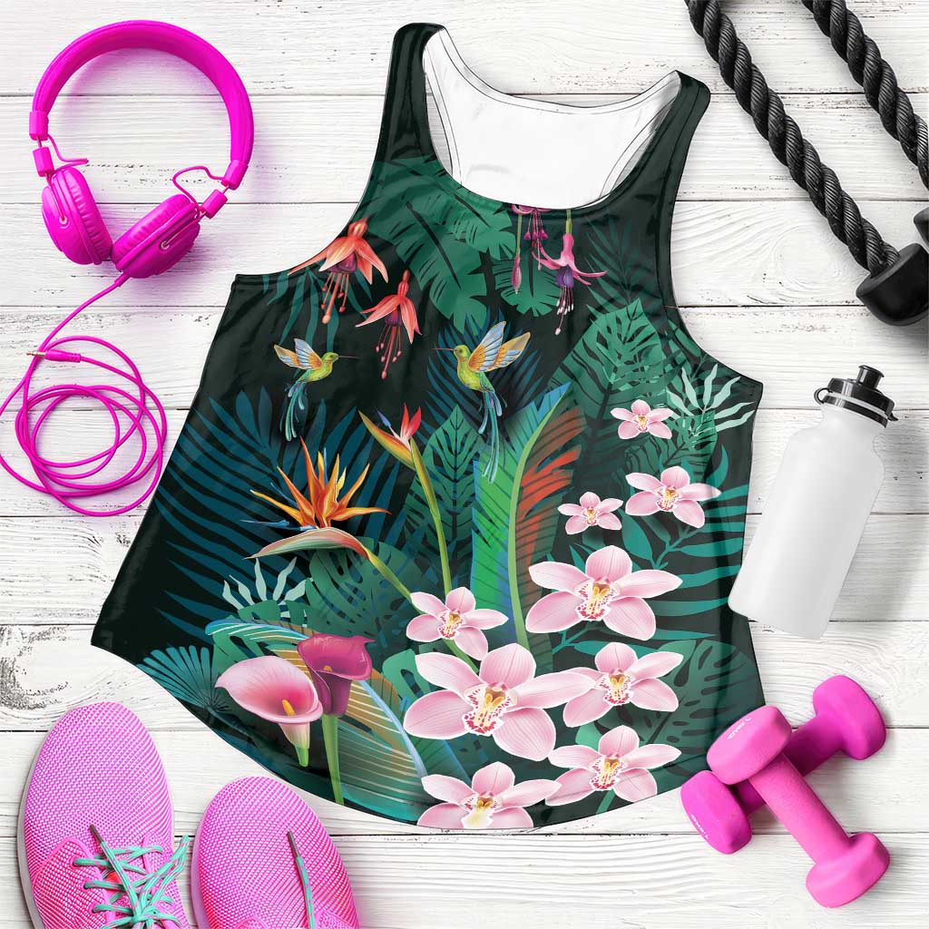 Hawaii Hummingbird Tropical Flowers Women Racerback Tank Dark Green LT01 Green - Polynesian Pride