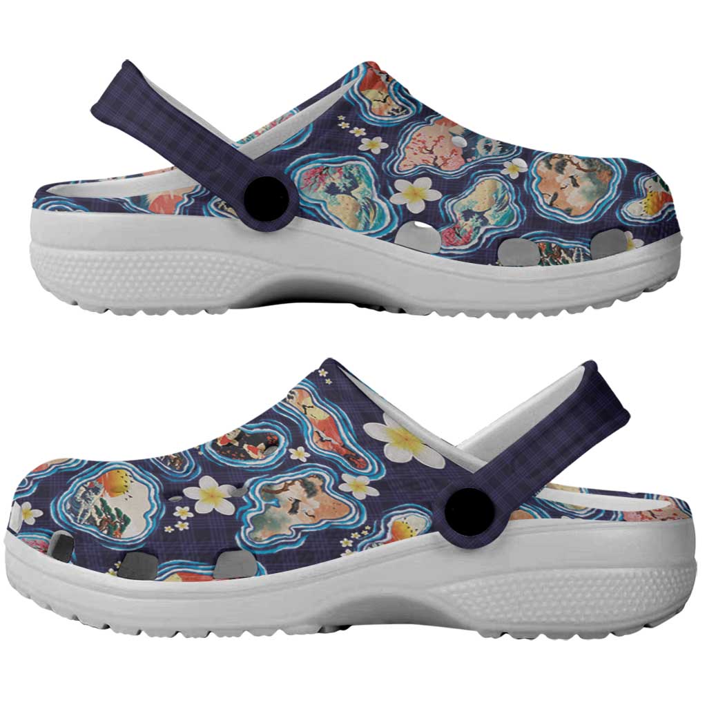 Hawaii Islands Map Design with Japanese Landscape Clogs Shoes Hawaiian Japan Fusion Art Navy Color