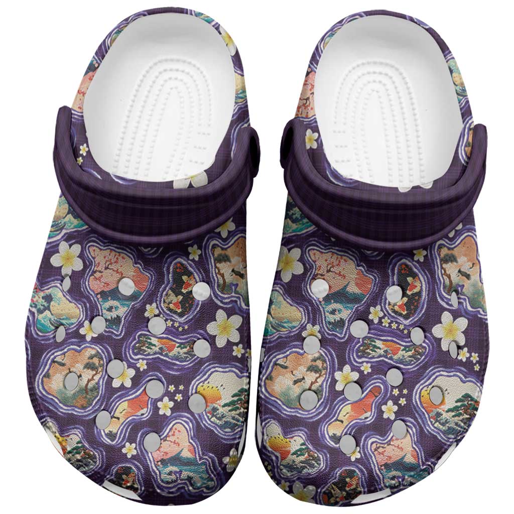Hawaii Islands Map Design with Japanese Landscape Clogs Shoes Hawaiian Japan Fusion Art Purple Color