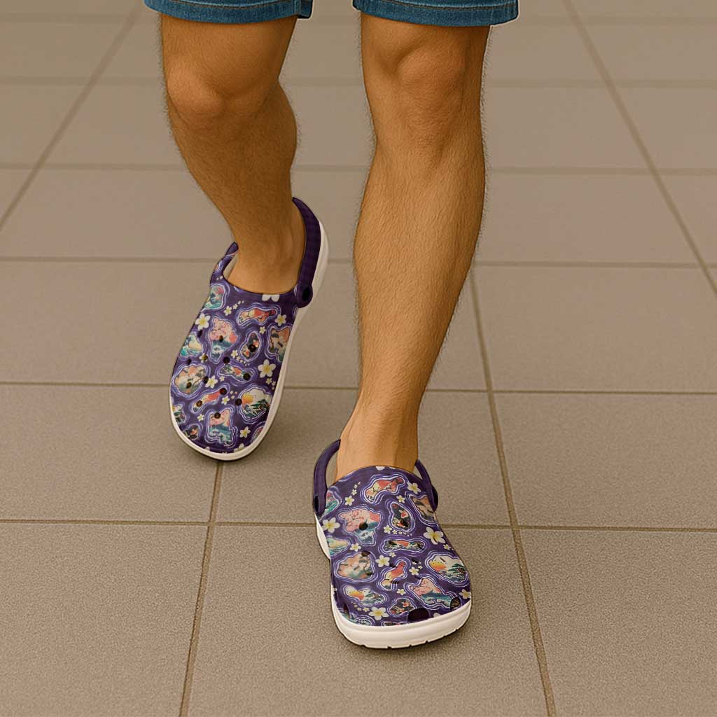 Hawaii Islands Map Design with Japanese Landscape Clogs Shoes Hawaiian Japan Fusion Art Purple Color