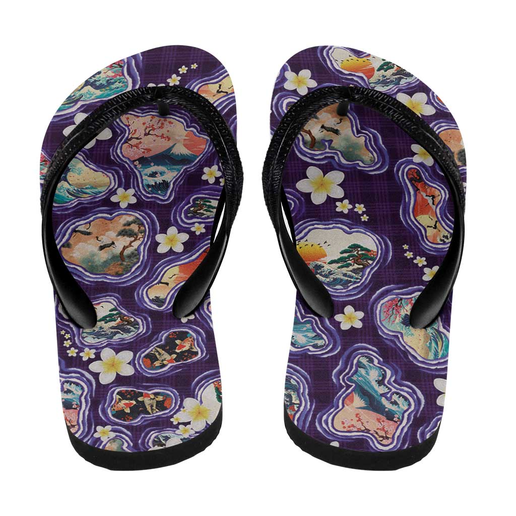 Hawaii Islands Map Design with Japanese Landscape Flip Flops Hawaiian Japan Fusion Art Purple Color