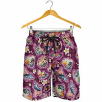 Hawaii Islands Map Design with Japanese Landscape Shorts for Men Hawaiian Japan Fusion Art Pink Color