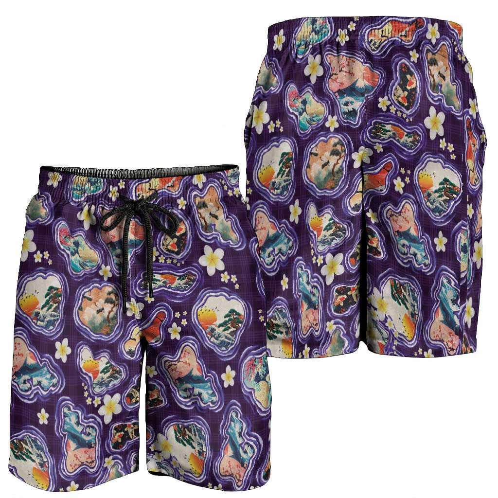 Hawaii Islands Map Design with Japanese Landscape Shorts for Men Hawaiian Japan Fusion Art Purple Color