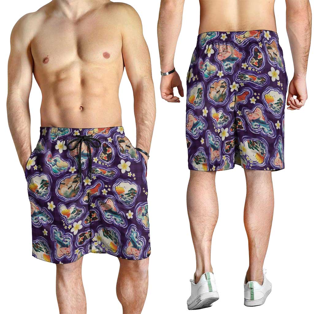 Hawaii Islands Map Design with Japanese Landscape Shorts for Men Hawaiian Japan Fusion Art Purple Color