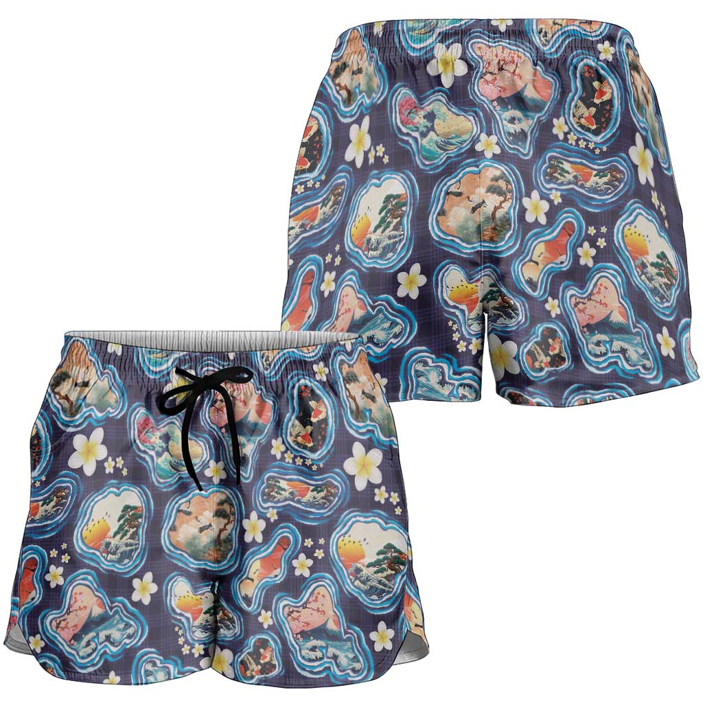 Hawaii Islands Map Design with Japanese Landscape Shorts for Women Hawaiian Japan Fusion Art Navy Color LT03 - Polynesian Pride
