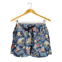 Hawaii Islands Map Design with Japanese Landscape Shorts for Women Hawaiian Japan Fusion Art Navy Color LT03 - Polynesian Pride