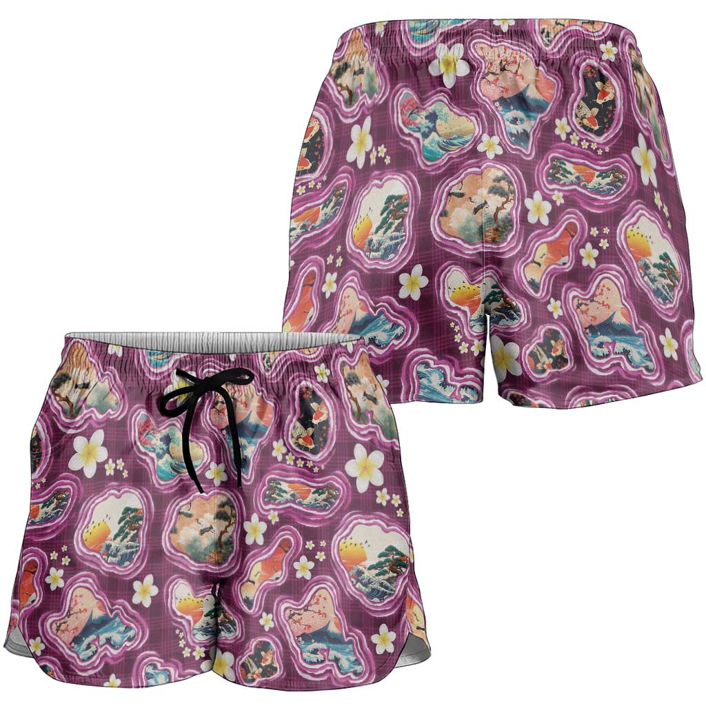 Hawaii Islands Map Design with Japanese Landscape Shorts for Women Hawaiian Japan Fusion Art Pink Color LT03 - Polynesian Pride