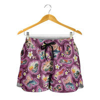 Hawaii Islands Map Design with Japanese Landscape Shorts for Women Hawaiian Japan Fusion Art Pink Color LT03 - Polynesian Pride
