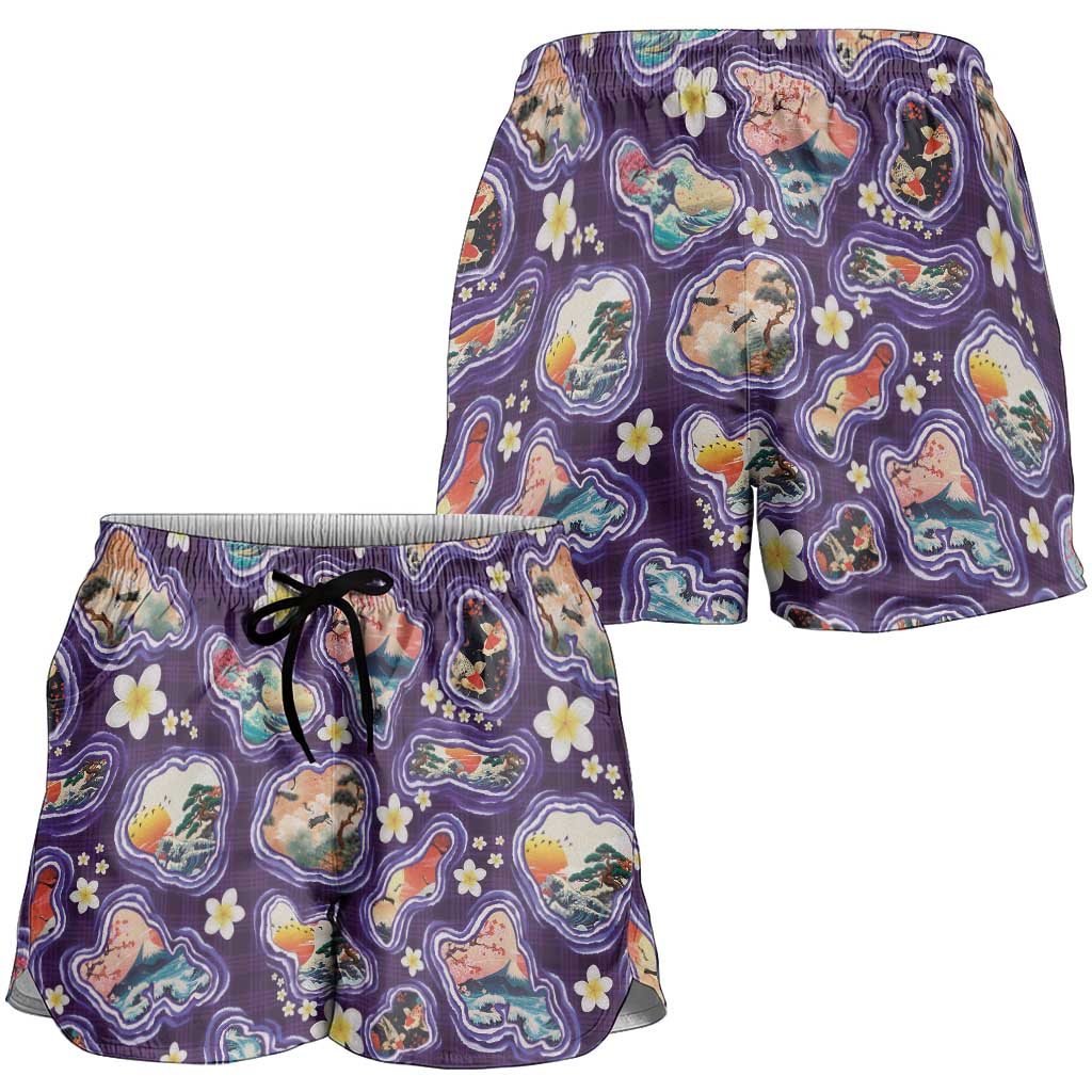 Hawaii Islands Map Design with Japanese Landscape Shorts for Women Hawaiian Japan Fusion Art Purple Color LT03 - Polynesian Pride