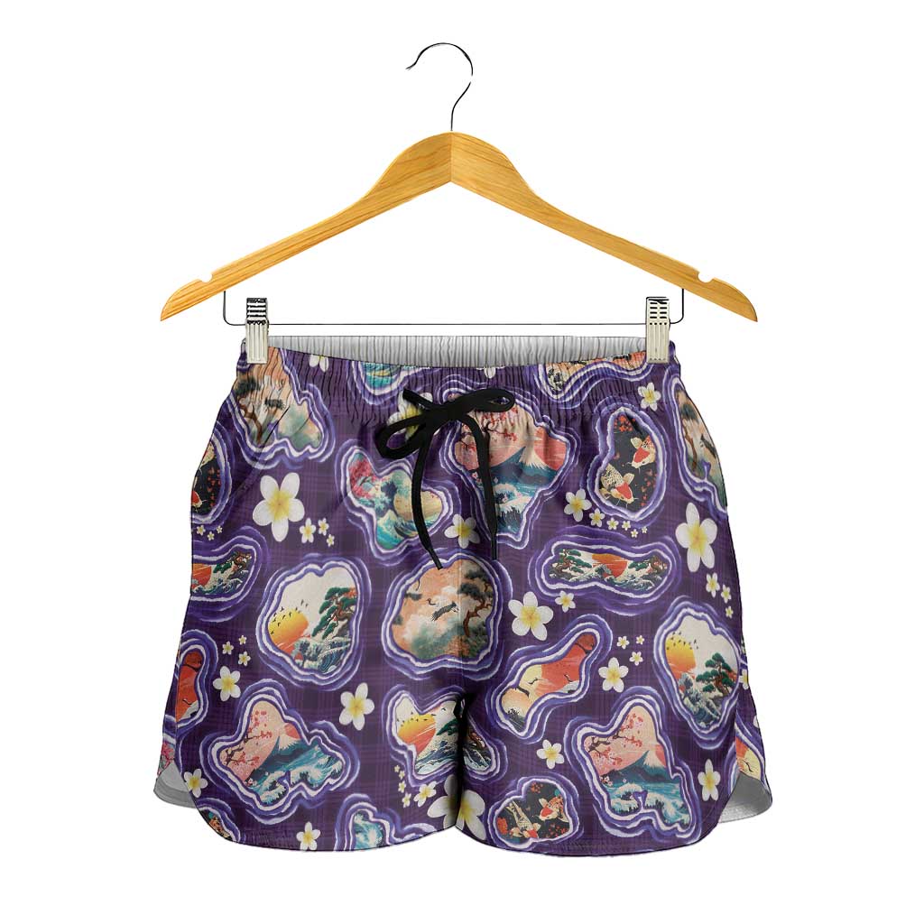 Hawaii Islands Map Design with Japanese Landscape Shorts for Women Hawaiian Japan Fusion Art Purple Color LT03 - Polynesian Pride
