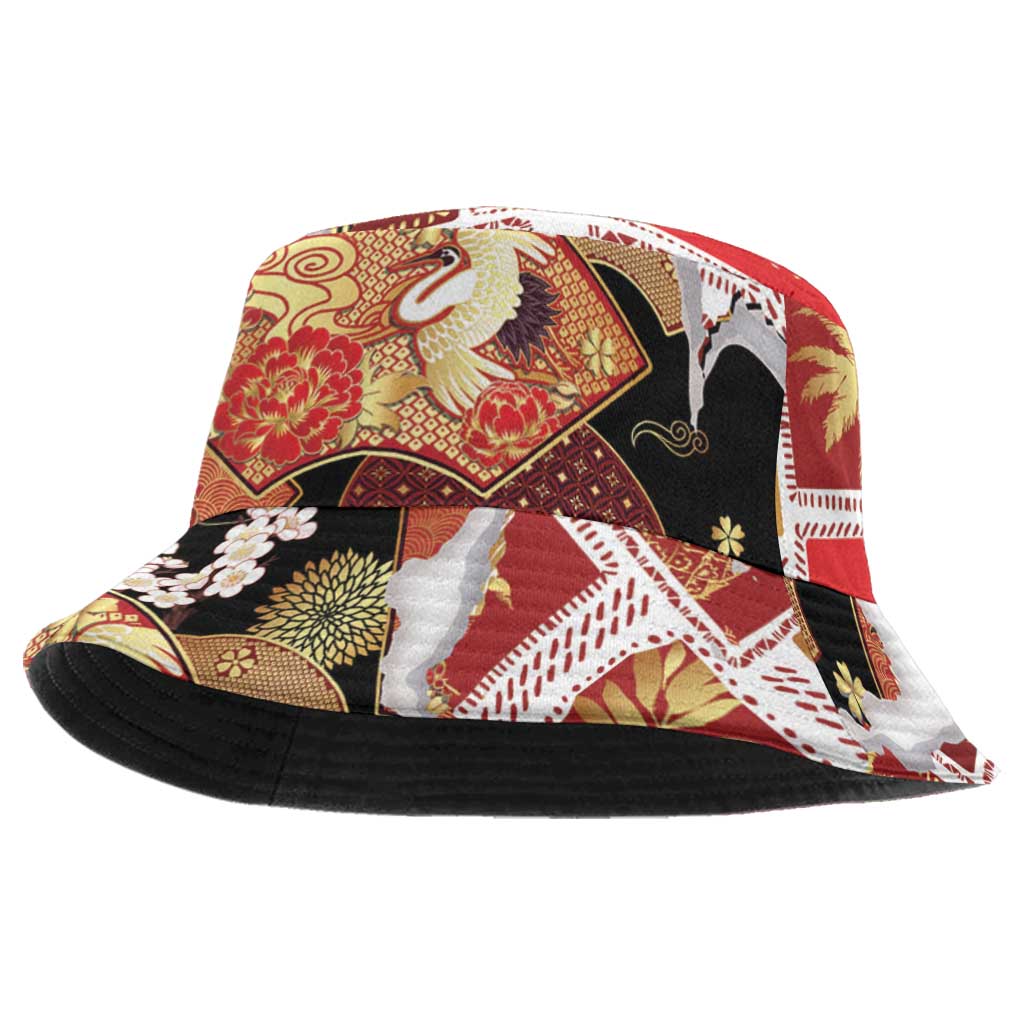 Hawaii Japanese Culture Black Bucket Hat Spring Cranes Aloha Pattern