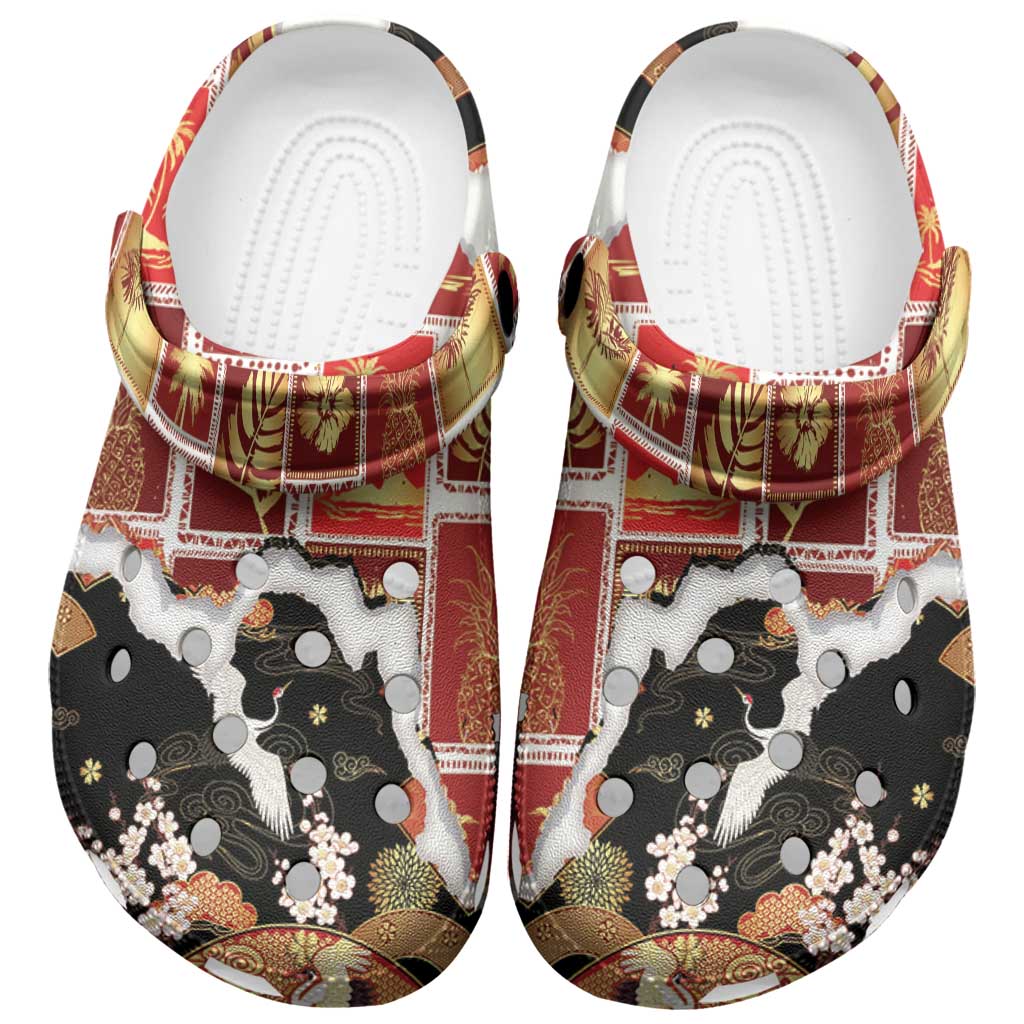 Hawaii Japanese Culture Black Clogs Shoes Spring Cranes Aloha Pattern