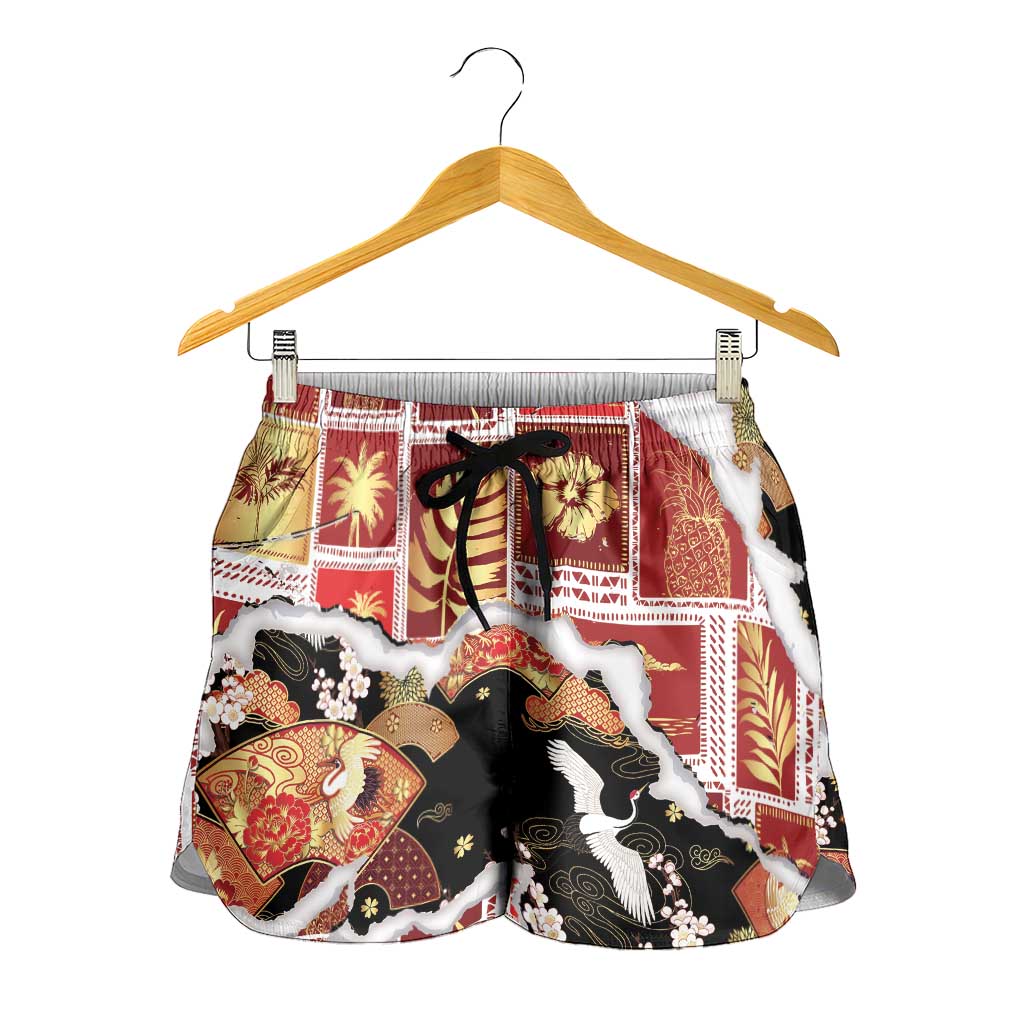 Hawaii Japanese Culture Black Shorts for Women Spring Cranes Aloha Pattern