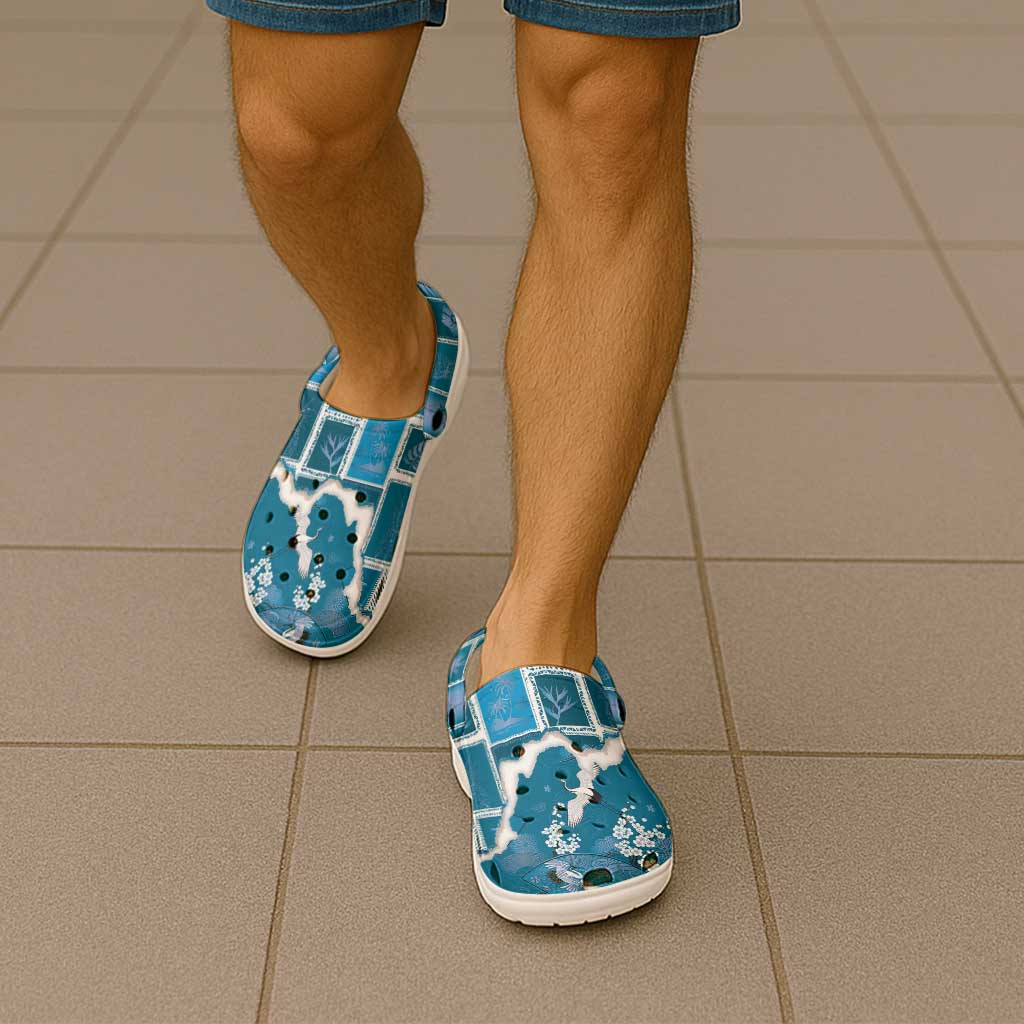 Hawaii Japanese Culture Blue Clogs Shoes Spring Cranes Aloha Pattern