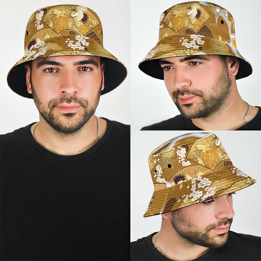 Hawaii Japanese Culture Gold Bucket Hat Spring Cranes Aloha Pattern