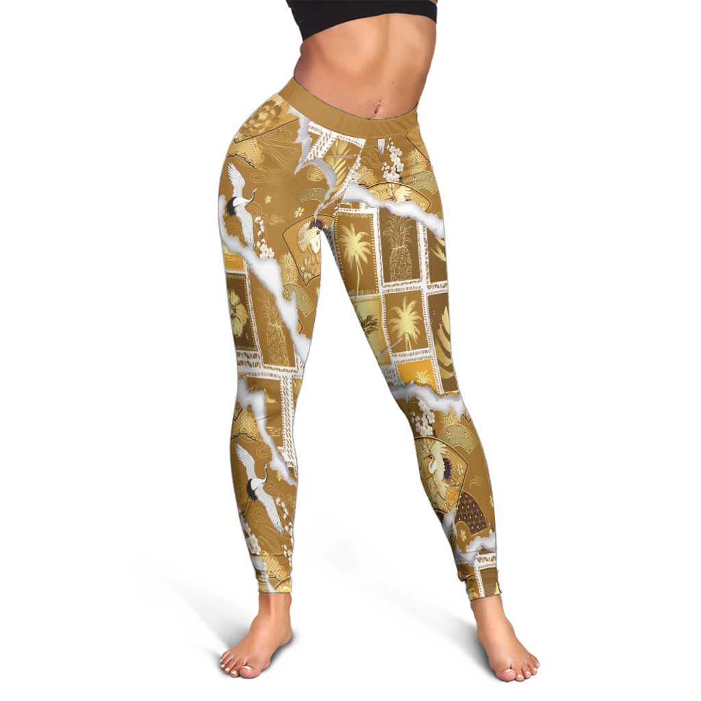 Hawaii Japanese Culture Gold Leggings Spring Cranes Aloha Pattern