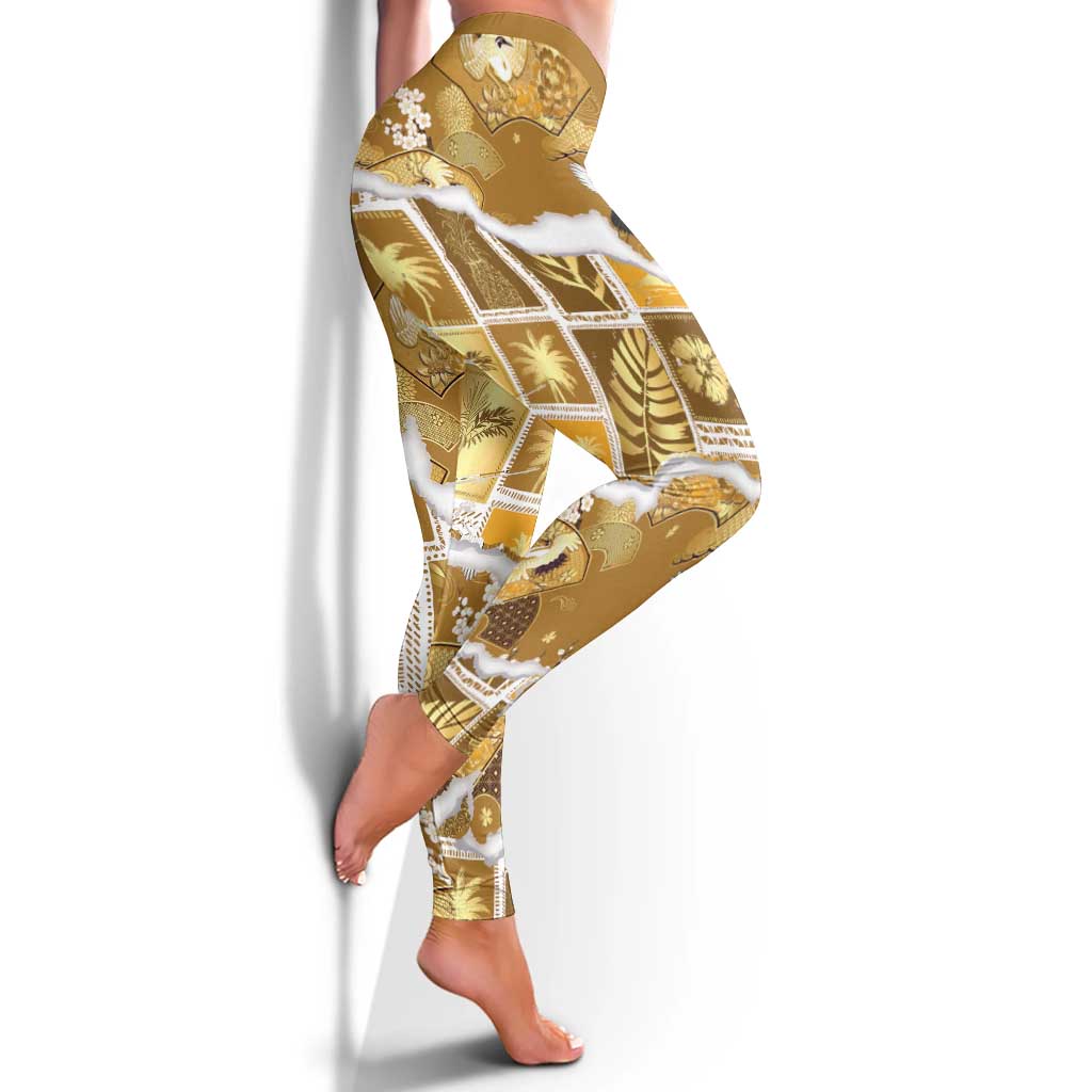 Hawaii Japanese Culture Gold Leggings Spring Cranes Aloha Pattern