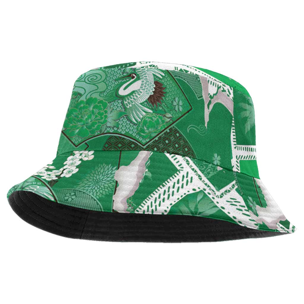 Hawaii Japanese Culture Green Bucket Hat Spring Cranes Aloha Pattern