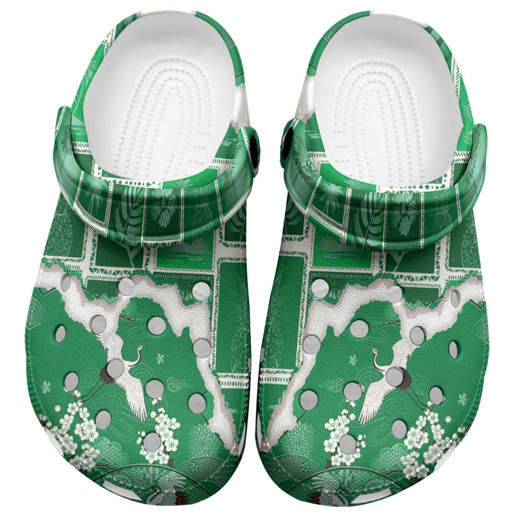 Hawaii Japanese Culture Green Clogs Shoes Spring Cranes Aloha Pattern
