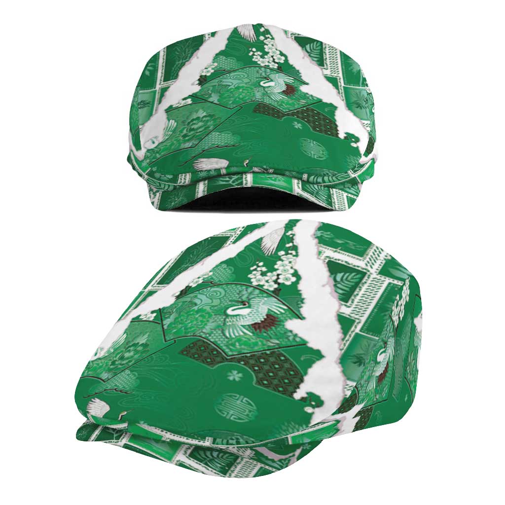 Hawaii Japanese Culture Green Jeff Hat Spring Cranes Aloha Pattern