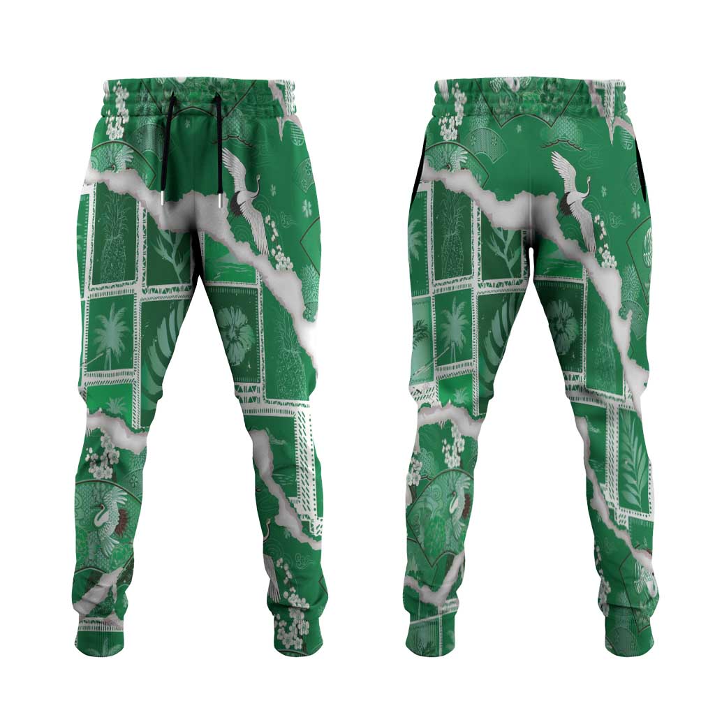 Hawaii Japanese Culture Green Jogger Pants Spring Cranes Aloha Pattern