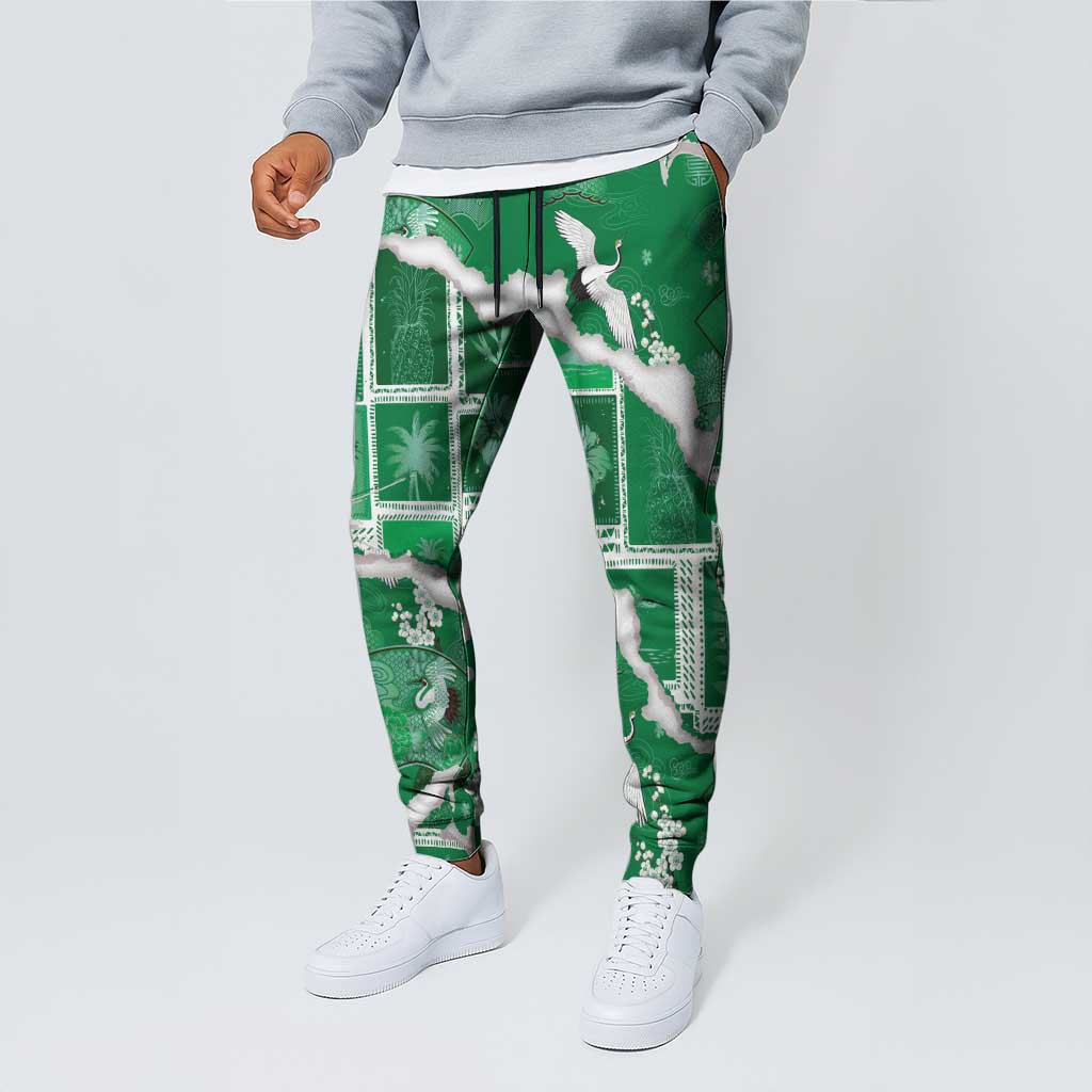 Hawaii Japanese Culture Green Jogger Pants Spring Cranes Aloha Pattern