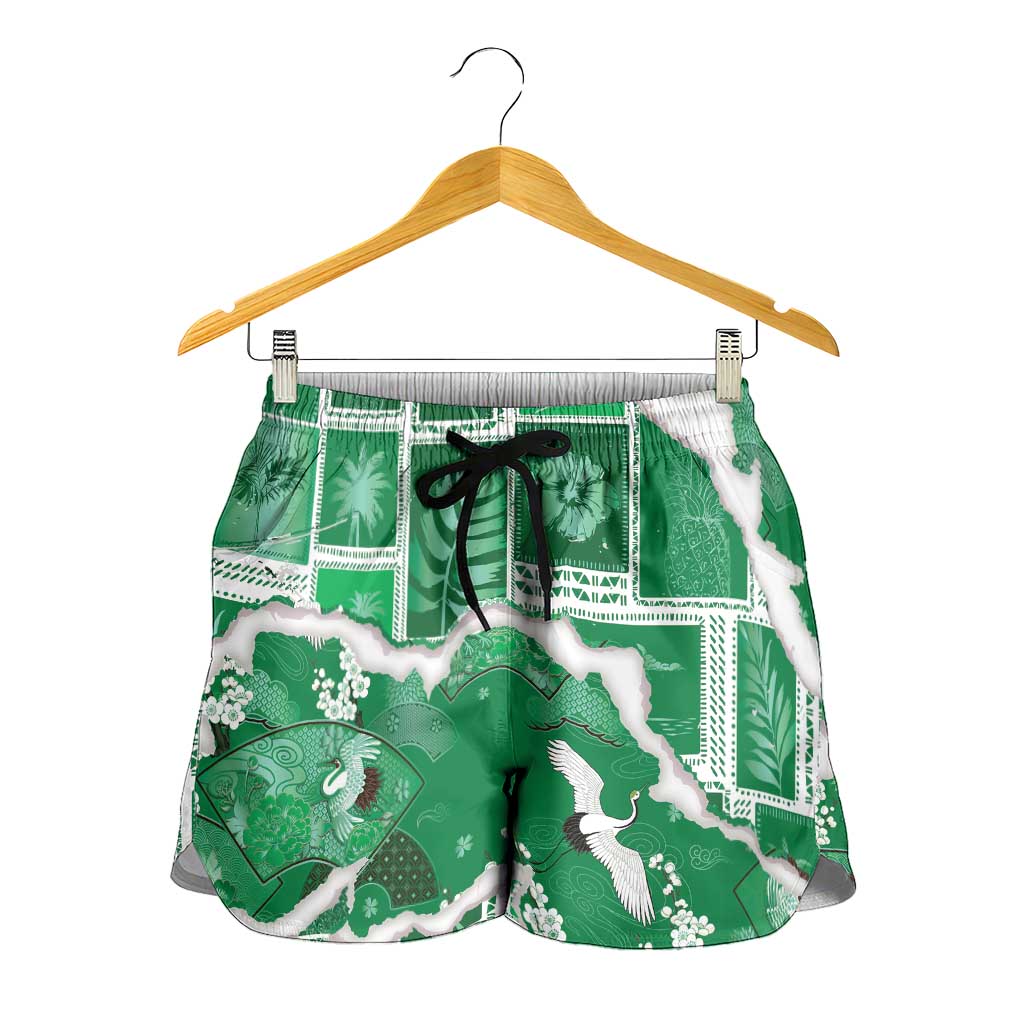 Hawaii Japanese Culture Green Shorts for Women Spring Cranes Aloha Pattern