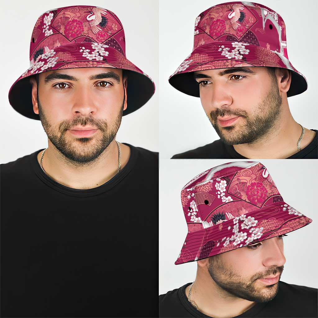Hawaii Japanese Culture Pink Bucket Hat Spring Cranes Aloha Pattern